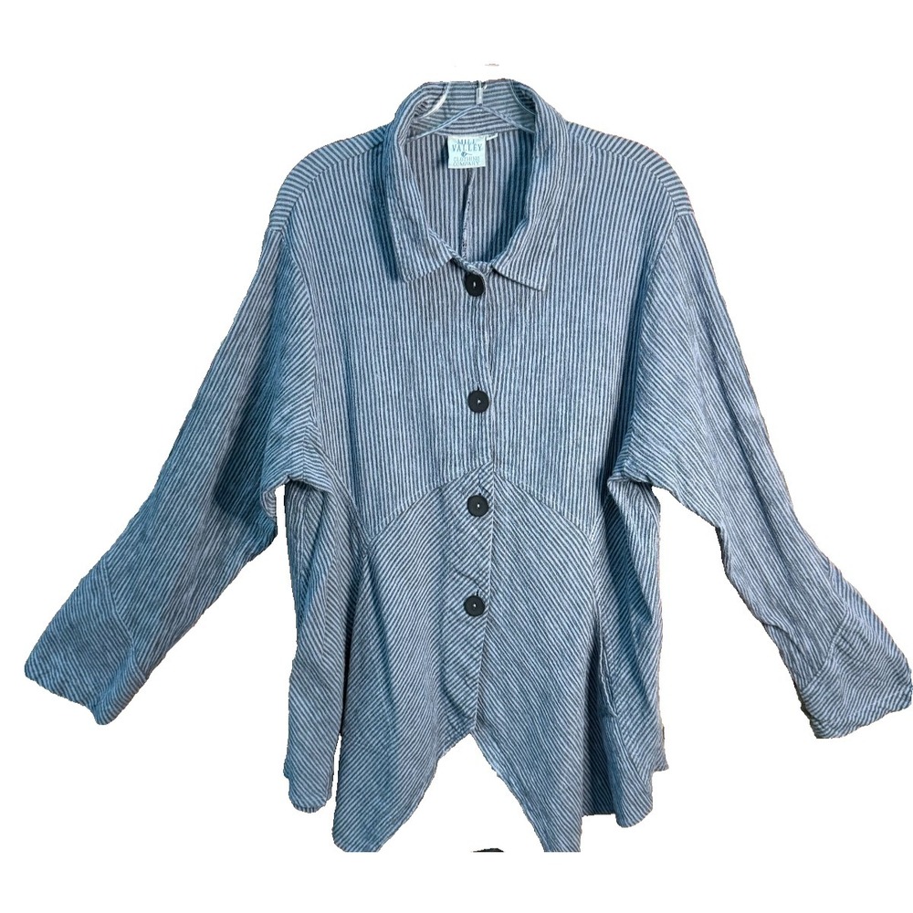 Mill Valley Hobo Top 1X Long Sleeve Blue Stripe Linen Blend  Artsy Lagenlook USA